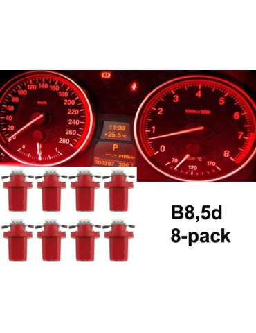 B8,5d Röda LED-lampor. 8-pack, instrumentpanelslampa, 12V