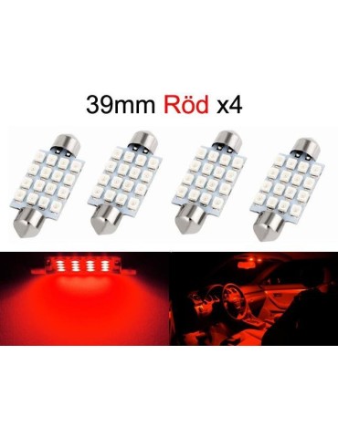 Diodlampa 39mm röd 4-pack Led 2835SMD  C5W SV8.5