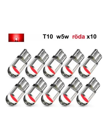 T10 w5w röda LED-lampor med 1st COB-chip, 12V, 10-pack.