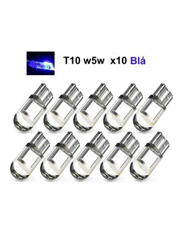 T10 w5w blå LED-lampor med 1 st COB LED-chip, 12V DC, 10-pack.
