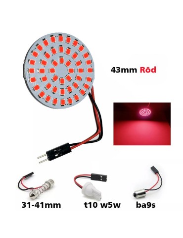 LED-platta röd 43 mm, 48 st SMD-chip T10 W5W BA9S 31-41 mm spollampa