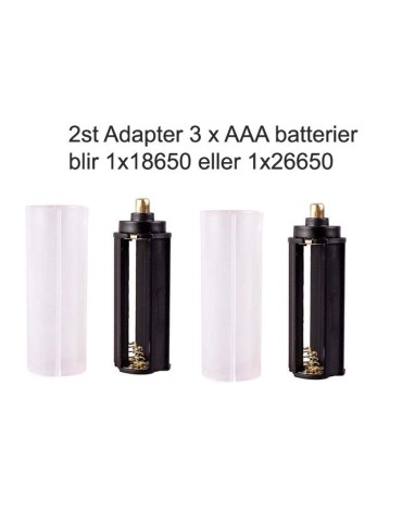 2 st. batteriadaptrar, 3xAAA blir 1x18650 eller 1x26650. 