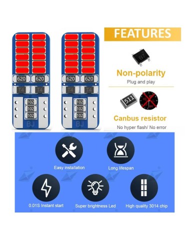 T10 w5w Canbus, Röd, 4-pack, LED-lampor med 24 st 3014smd chip. 
