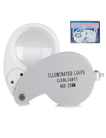 Lupp 40x25mm förstorningsglas med stark ledlampa inkl. batterier silver