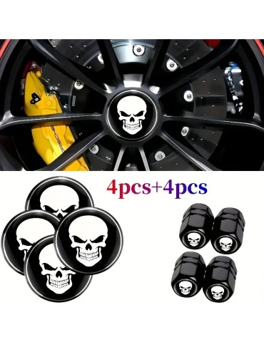 Dödskalle hjulnav emblem till fälgar och centrumkåpor 4-pack + ventilhattar