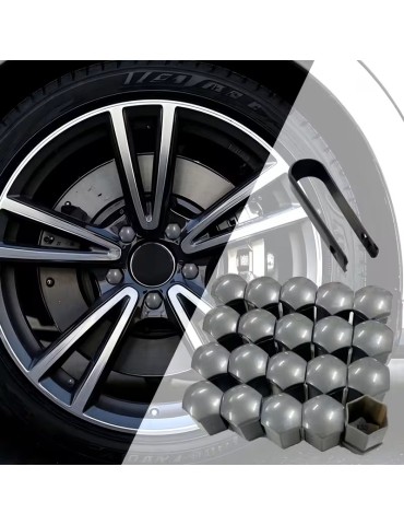 Hjulmutterkåpor 19mm Gråa / Hjulbultskåpor 20-pack + monteringsverktyg 