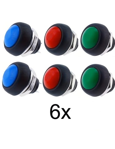Strömbrytare, återfjädrande tryckströmbrytare / avbrytare 6-pack (2 x 3 färger)