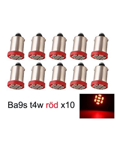 BA9S 10-pack röd Led med 8st SMD2835 chip T4W styling 