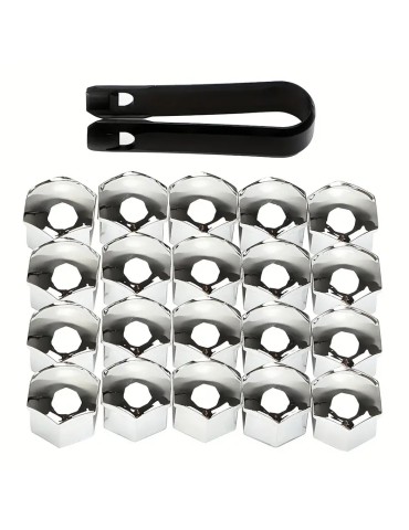 Hjulmutterkåpor 17mm Silver Krom / Hjulbultskåpor 20-pack + monteringsverktyg 