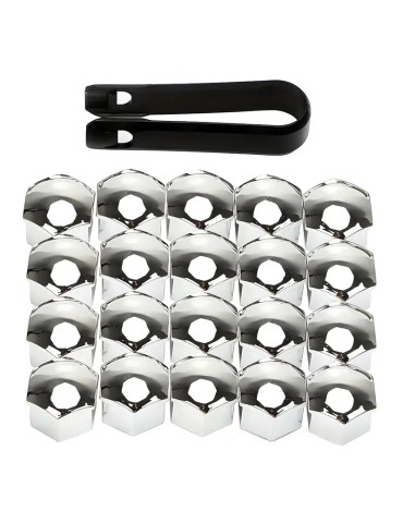 Hjulmutterkåpor 19mm Silver Krom / Hjulbultskåpor 20-pack + monteringsverktyg 