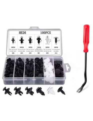 Set med 100 st fästclips för bil i olika storlekar + verktyg